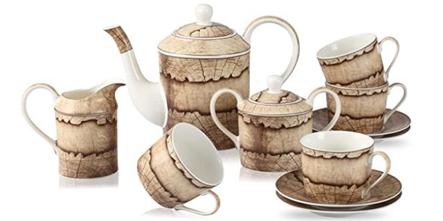 GuangYang White Porcelain Tea Set with Wooden Desigh-1 Teapot 1 Sugar Bowl(450ml) 1 Creamer(350ml) 4 Cups(220ml) and 4 Saucers logo