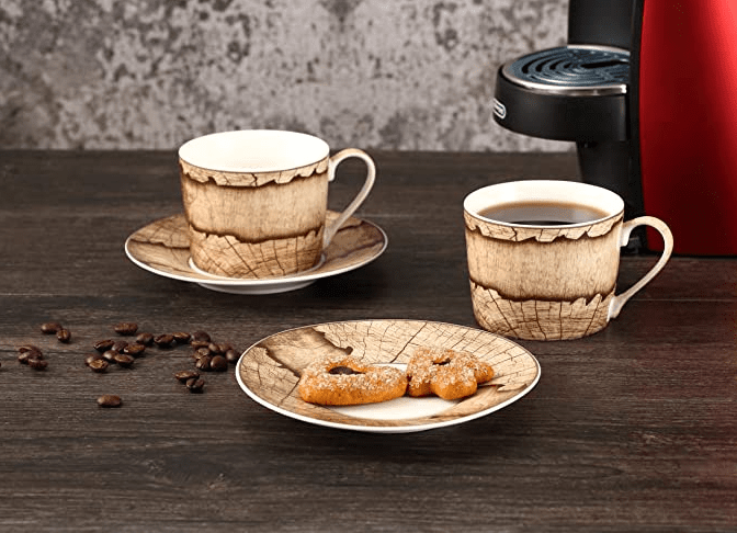 GuangYang Porcelain Tea Cups and Saucers Set of 2,220ml,Wood Grain Design China Coffee Cup with Saucer,Gift Box Set logo