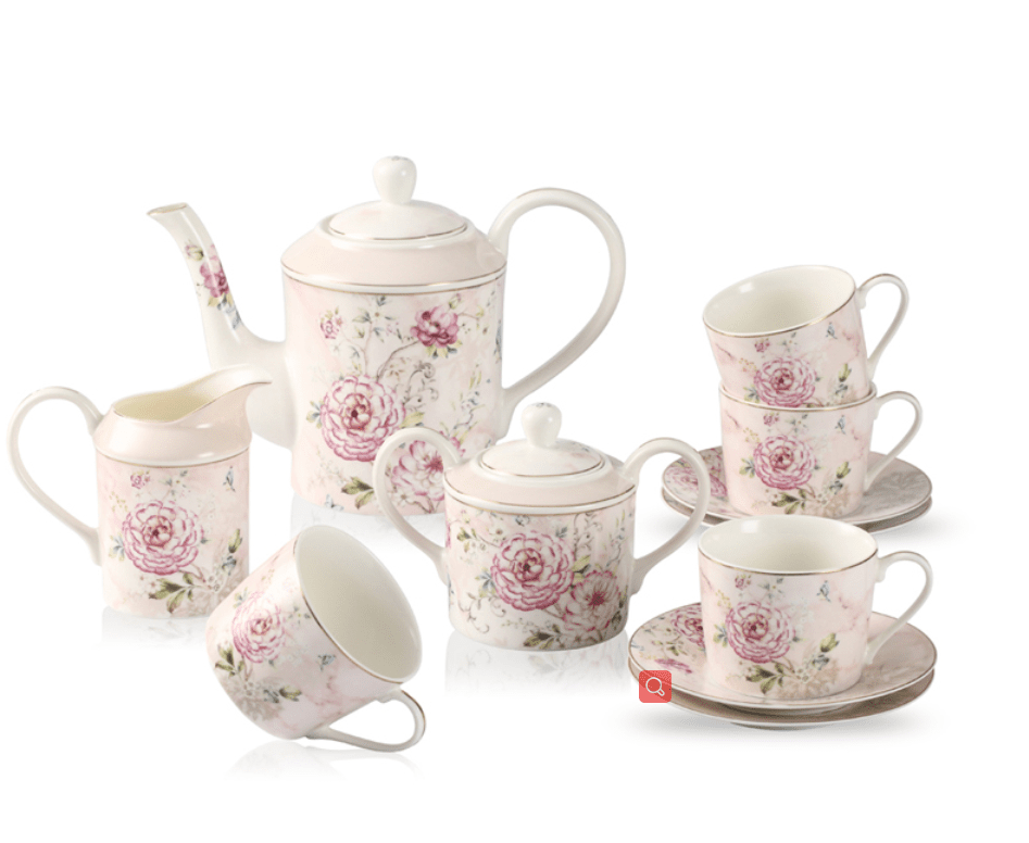 GUANGYANG Fine Porcelain Tea set with Peony Flower-1 Teapot 1 Sugar Bowl(450ml) 1 Creamer(350ml) 4 Cups(220ml) and 4 Saucers logo